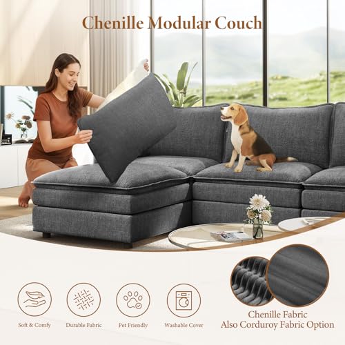 Image of Vesgantti Large Modular Sectional Sofa, Big Comfy Cloud Couch with Ottoman Deep Seat Chenille Cloud Sofa, 8 Seater Large Sectional Couches for Living Room, Bedroom and Apartment, Gray