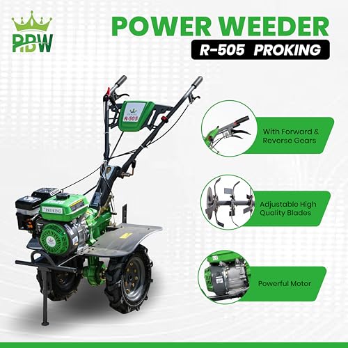 Image of RBW Power Weeder Machine for Agriculture 4 Stroke | 7.5 HP Petrol Engine 245cc Heavy Duty Power Weeder Plough,Cultivator Attachments for Soil Preparation, Weeding, Farming & Garden (R-505,Green)