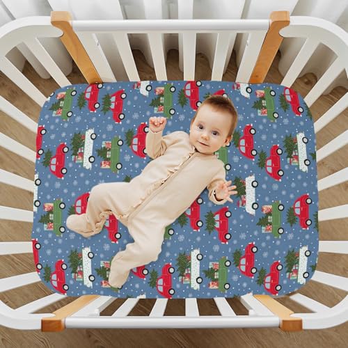Image of Baby Crib Sheet Christmas Car Crib Mattress for Boys and Girls Playard Sheet Soft Breathable Fitted Baby Mattress Cover 52x28in