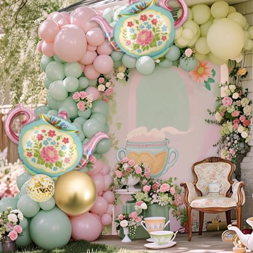 102 Pcs Tea Party Balloons, 35' Huge Teapot Aluminum Foil Balloons Pink Green Gold Confetti Latex Balloon for Girls Birthday Let's Par Tea Baby Shower Bridal Shower Garden Party Decorations Supplies