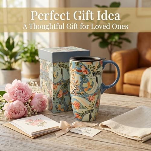Taza de viaje de cerámica 17oz con tapa diseño floral azul miniatura 4