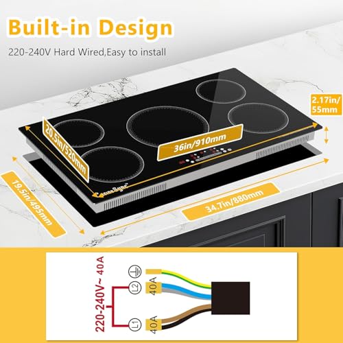 Image of 36 Inch Induction Cooktop, 5 Burner Built-In Electric Stove Top, 10800W High Output 240V Hardwired, Touch Control with Power Boost, 9 Power Levels, Timer, Child Lock & Residual Heat Indicator