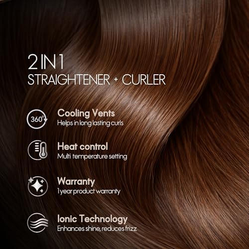 Image of ELLE 2-in-1 Ceramic Hair Straightener & Curler with Airflow Technology | Flat Iron for Straight, Curly & Wavy Styles | Anti-Frizz Fast Heating | All Hair Types