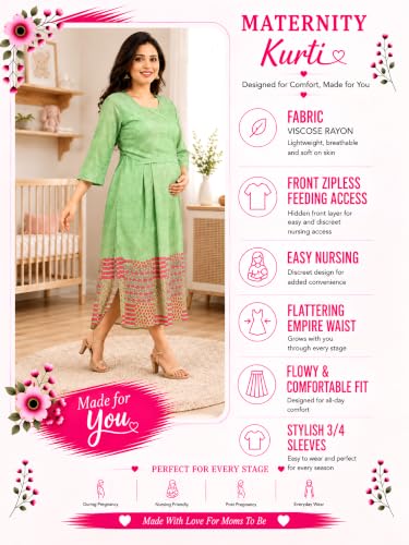 Image of RITIJYA Zipless Feeding Kurta Dress for Women | Maternity Nursing Kurti, No-Zip Easy Access | Extra Pleats Pre to Post Pregnancy | Quick-Dry Fabric | S-4XL