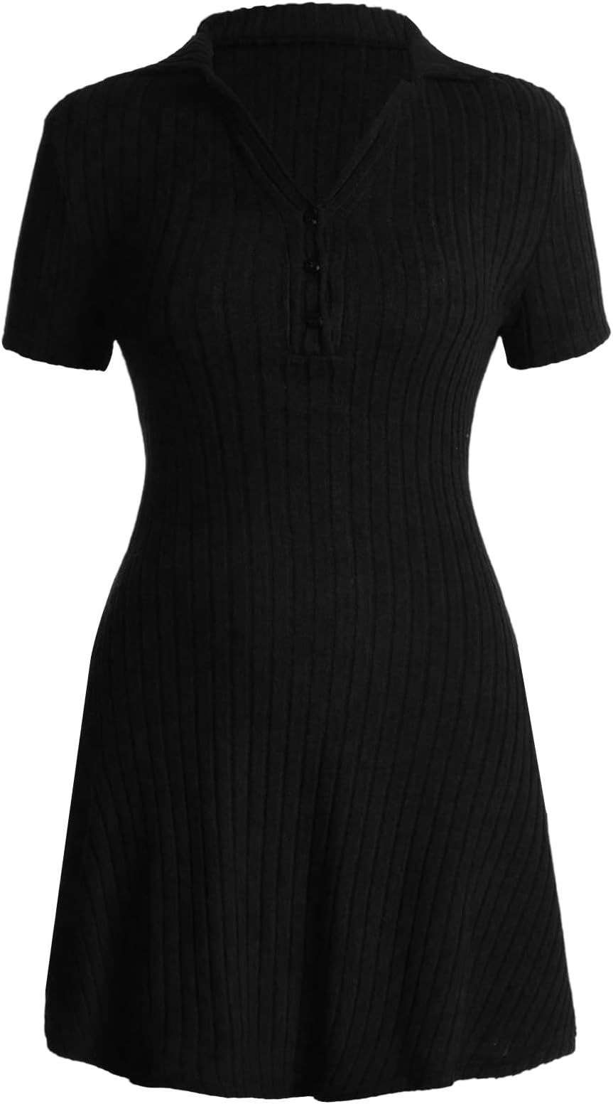 Women's Collar V Neck Mini Dress Short Sleeve Button Front Work Office Ribbed Knit Dresses
