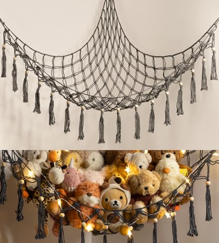 Image of Stuffed Animal Toy Storage Hammock with LED Light - Macrame Jumbo Doll Corner Stuff Animals Organizer Decorations - Cute Hanging Plushie Net Kids Baby Nursery Bedroom Room Decor