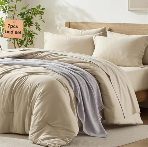Homelike Moment Queen Comforter Set with Sheets, 7 Piece Beige Comforter Set Queen Size, Full Size Bed in a Bag Lightweight and Machine Washable