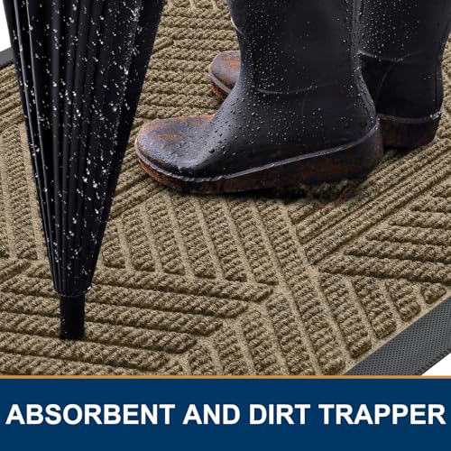 Image of Smiry Front Door Mat Outside Entrance, Heavy Duty Sturdy Natural Rubber Doormat, Trap Dirt and Moisture, Easy Clean Low Profile Mats for Indoor Outdoor Entry, Irregular Triangle (47x32, Camel)