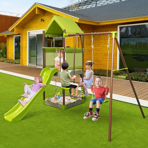 COSTWAY Spielturm, Klettergerüst mit Schaukel, Rutsche, Kletterseil, Gleitersitzen, Leiter und Sandkasten, Outdoor Kinder Kletterturm für Garten