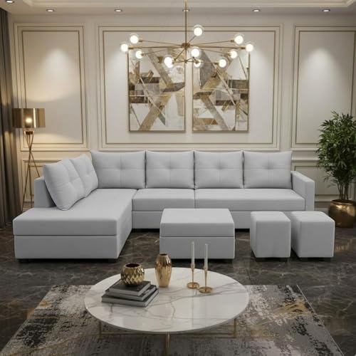 Image of SOCOZI Oriana 8 Seater LHS L Shape Sofa Set | Velvet Suede Fabric L Shape Sofa for Livingroom with 2 Ottoman & Centre Table (Light Grey)