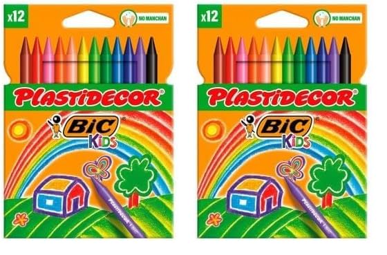 BIC Kids Plastidecor - Ceras para colorear, antimanchas para actividades creativas en casa y el colegio, Blíster de 12 Unidades (Paquete de 2), Colores surtidos, Clásico