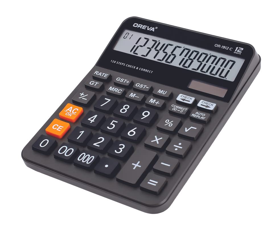 Image of Oreva OR-1912-C Solar & Battery Calculator Desktop | Financial Office Computer Calculators Large Display | Standard Function | Big Sensitive Button - Dark Grey