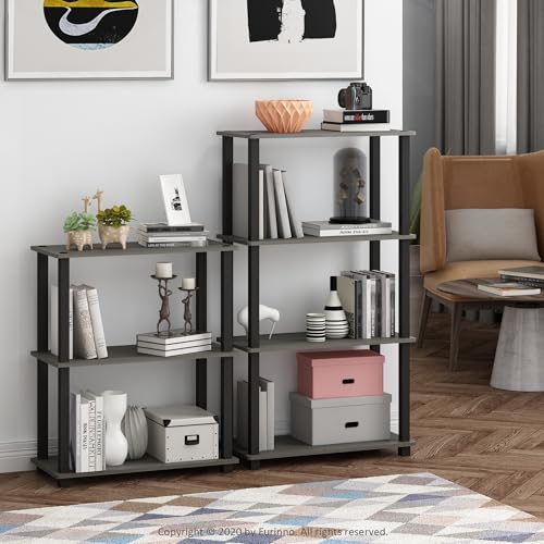 Image of Furinno TURN-S-TUBE Storage Shelves Set of 2, 3-Tier Book Shelf, Corner Shelf, Toolless Open Shelves, Square Tubes, for Organization and Storage, Living Room, Garage, Home Office, French Oak