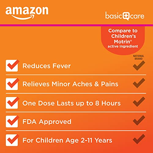 Image of Amazon Basic Care Children's Ibuprofen Oral Suspension Syrup 100 mg per 5 mL, Pain Reliever and Fever Reducer (NSAID), Non-Staining Dye-Free Berry Flavor, 4 fl oz (Pack of 1)
