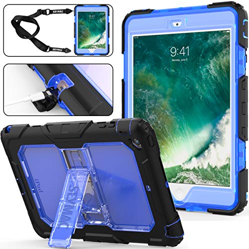 SEYMAC stock Case for iPad Mini for Kids, 3 Layers Protection Full-Body Hard PC & Soft Silicone Case with [Portable Strap]&[Built-in Kickstand] for iPad Mini 1/2/3 (Blue/Black)