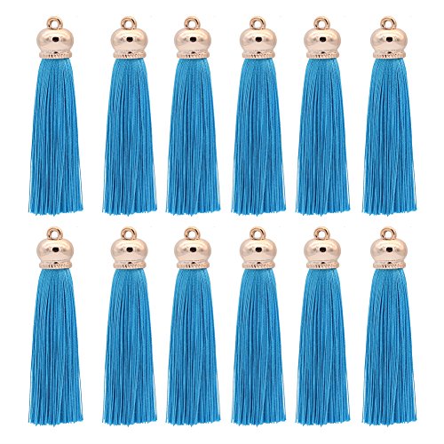 Winrase 80mm Polyester Soft Tassel Ice Silk Tassel End Stopper Pendant Connectors with Gold Tassels Cap for DIY Jewelry Accessories Making/Earring/Curtain/Handbag Pendant,12pcs (Blue)