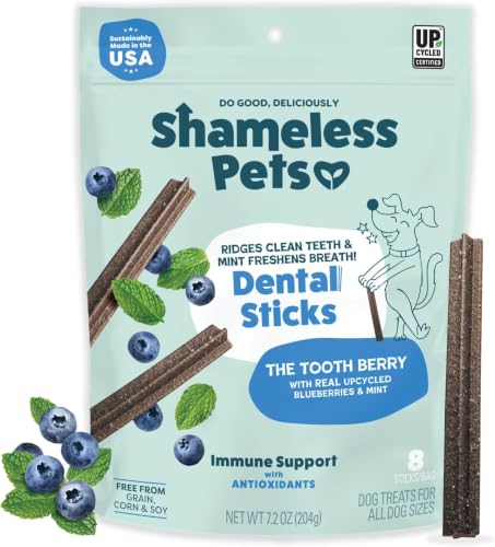 Image of Shameless Pets Blueberry & Mint Dental Chews for Dogs, 8 Chews - Natural Dog Teeth Cleaning Treats with Fresh Breath Benefits | Grain-Free Dental Sticks for Small, Medium & Large Dogs (Pack of 6)