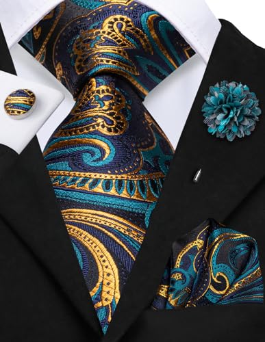Image of Hi-Tie Men Silk Ties Set with Flower Lapel Pin Necktie Pocket Square Cufflinks for Tuxedo Wedding Business