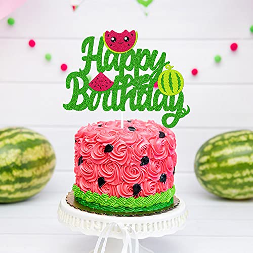 Watermelon Birthday Cake Decoration Summer Fruit Theme Happy Birthday Cake Topper For Kids Boy Girl Bday Party Supplies Sparkle Green Décor #TOP3