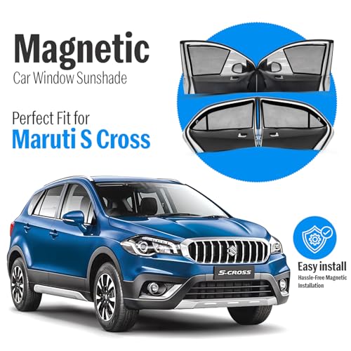 Image of Autofact Magnetic Car Sunshades Compatible with Maruti Scross (Set of 4) - Easy Installation, UV Protection, Keeps Car Cool (Front 2 Half-Cut for Side Mirror Visibility, Rear 2 with Zippers)