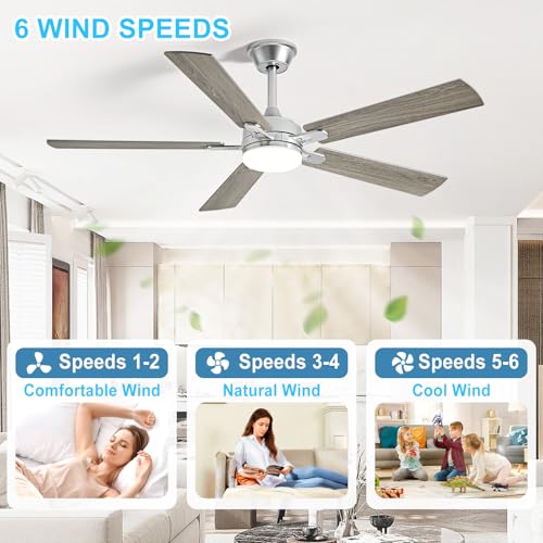 Image of Depuley 52-inch Ceiling Fan with Light: Nickel Ceiling Fan for Living Room Indoor Outdoor - Modern Ceiling Fan with Remote Control 3CCT Dimmable Noiseless 5 Reversible Silver Blades 6 Speeds Timer