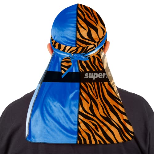 Superstitch Supersilky Ultra Silky Durag x Wavebuilder | 30+ Styles Premium Designer Durags for Men | 360 Waves |Blue and Tiger Print (Tie of the Tiger)