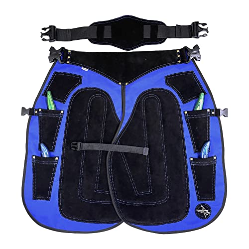 Image of Farrier apron chaps Rekhi 27 inch 1000D Cordura & Suede Leather, Blue, 4 Knife Pockets, Nail Magnet, 70cm Shoeing Chaps for Men