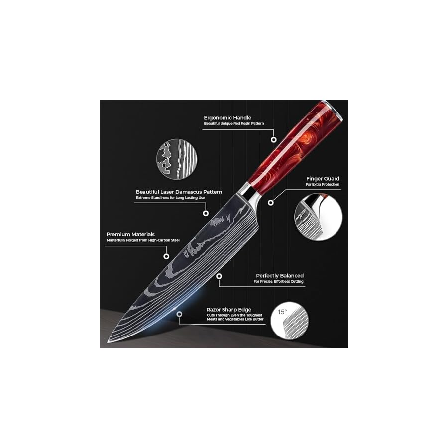SENKEN-16-Piece-Natural-Acacia-Wood-Kitchen-Knife-Block-Set-Japanese-Chefs-Knife-Set-with-Laser-Damascus-Pattern-Includes-Steak-Knives-Kitchen-Shears-Santoku-Cleaver-More-Red-Resin-Handles SENKEN 16-Piece Natural Acacia Wood Kitchen Knife Block Set - Japanese Chef's Knife Set with Laser Damascus Pattern, Includes Steak Knives, Kitchen Shears, Santoku, Cleaver & More (Red Resin Handles)