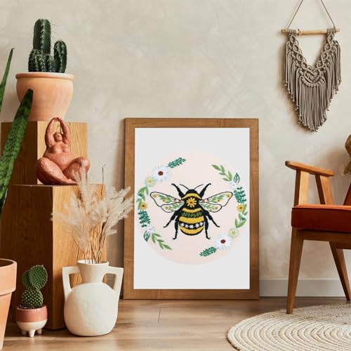 Image of Louise Maelys Bee Embroidery Kit for Beginners Cross Stitch Kit for Adults | Stamped Floral Pattern With Hoop, Threads, Needles And Instructions For An Easy DIY Craft Project And Handmade Wall Decor