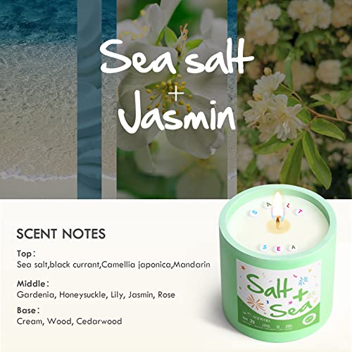 Sea Salt Summer Candles For Stress Relief, Unique Handmade Aromatherapy Candle Gifts For Women, Sea Salt, Jasmine, Cream, Woody Fragrance Candle, 10Oz, Ocean Sea Candle For Relaxing, Meditation #TOP2