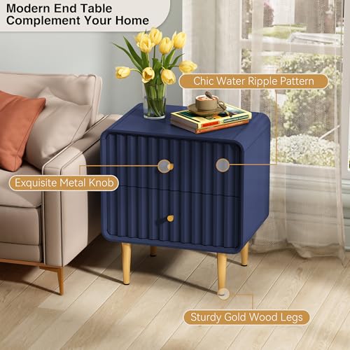 Image of HLR Modern Nightstand, Fluted Bedside Table with 2 Drawers Storage, Blue