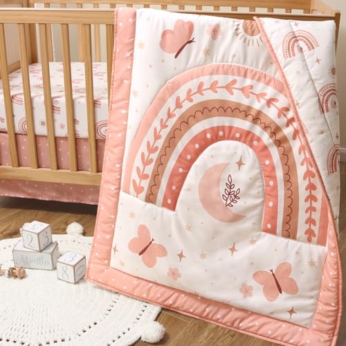 The Peanutshell 3 Piece Baby Crib Bedding Set for Girls - Newborn, Infant & Toddler Nursery Bed Set Decor with Fitted Crib Sheet, Dust Ruffle, Crib Comforter - Boho Rainbow - Image 5