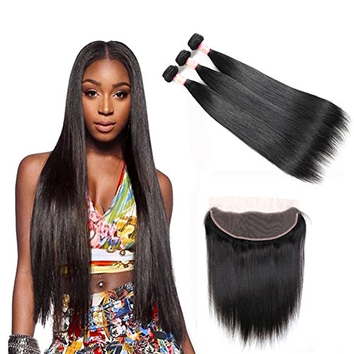 Ms Taj 8A Brazilian Straight Hair 3 Bundles with Lace Frontal Closure Free Part Lace Frontal with Bundles Unprocessed Virgin Human Hair Extensions Natural Color (18 20 22+16" frontal)