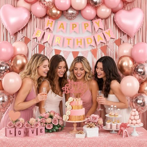 Image of Dusty Pink Birthday Decorations, Pink Rose Gold Sand Birthday Balloons Set