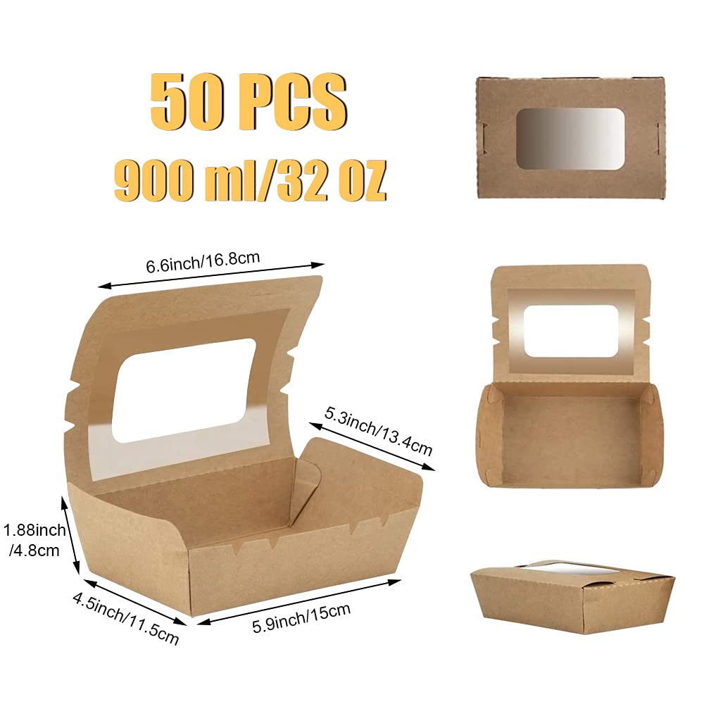 Contenitore per Alimenti da Asporto, 50 Pezzi Scatola di Carta Kraft per Alimenti, Cartone per Insalata, con Finestra, a Prova di Olio e Acqua, per Sandwich, Cheesecake, Hamburger (900ml/32oz)