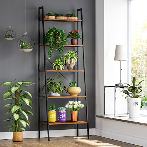 Homfa Industrial Ladder Shelf, 5 Tier Bookshelf Plant Flower Stand Storage Rack Multipurpose Utility Organizer Shelves Wood Look Accent Metal Frame Furniture Home Office