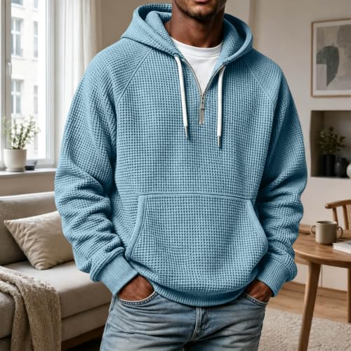 Waffle Knit Hoodie Men Oversized Hooded Sweatshirt 3/4 Zip Pullover - image 2