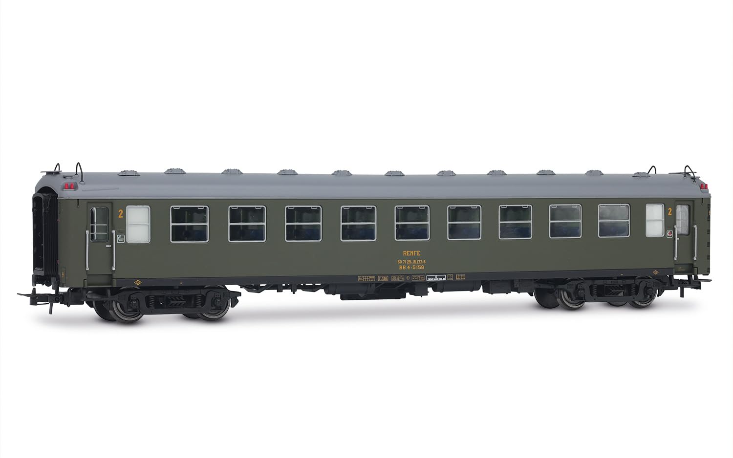Electrotren HE4038 RENFE, Set di 2 unità da 5000 carrozze, BB4 di 2a Classe, con Vecchi soffietti, livrea Verde Oliva, EP. IV
