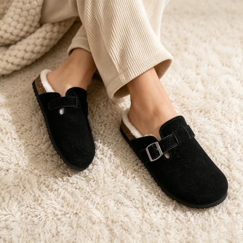 Image of KIDMI Women's Fur Lined Genuine Suede Clogs Fuzzy Cork Footbed Potato Shoes | Adjustable Metal Buckle, Non-slip Rubber Soles, Cushioning, Cozy and Warm, Supportive, Indoor, Outdoor, Winter, Casual