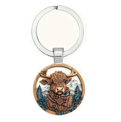 4Trails Highland Cow Scottish Keyring with Mountain Scene Design, Plaid Tartan Scarf