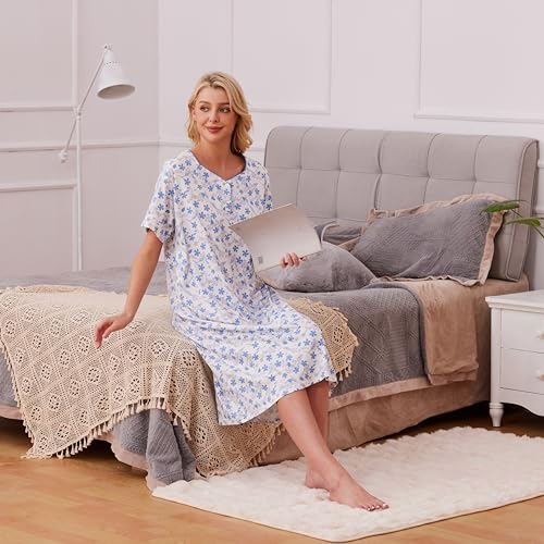 Keyocean Womens Nightgown for Summer - Soft Cotton Comfortable Short Sleeve Lightweight Floral Sleepwear & Loungewear (M-XXL)4