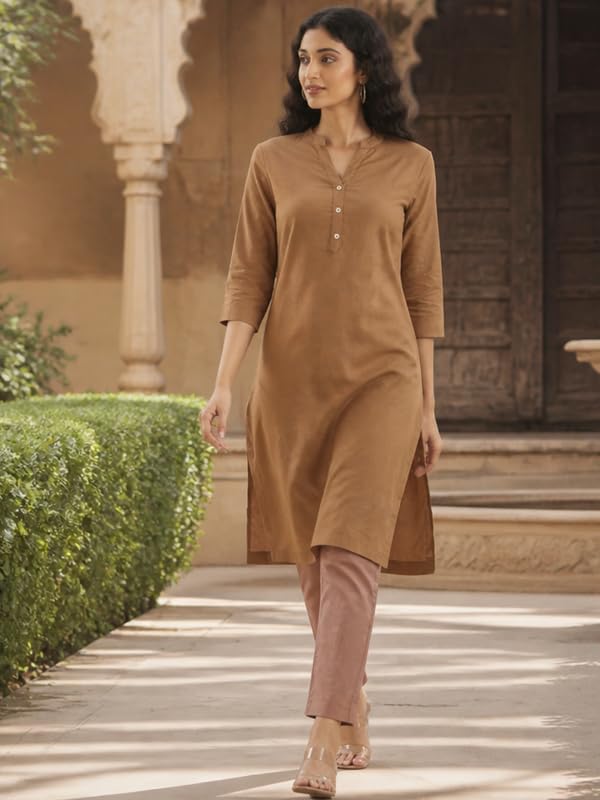 Image of SAADAA Women Airy Linen Long Kurta | Mandarin Collar 3 /4th Sleeve Kurta | Regular Fit Ethnic Wear for Women | Casual, Festive & Office Wear