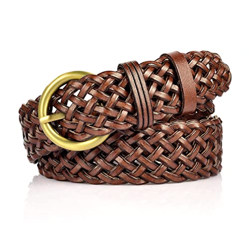Women Leather Braided Belts for Dress 1.2 Inch Hand Made Soft Girls Woven Wasitbands with Round Gold Buckle