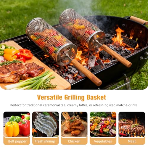 7-Piece BBQ Set, 2 Rolling Grill Baskets for Effortless Flipping,Grilling Tools or Fish,Shrimp,Meat,Vegetables,Fries Food,Outdoor Camping Grilling Accessories,Gifts for Men Dad Husband — view 6