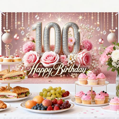 Image of Nuxovilar Elegant Pink & Gold Floral Birthday Banner - 71x43 Inch Glitter Decor for 16th /21th /50th /60th /65th /70th80th /90th Birthday, Reusable Indoor Outdoor Hanging Party Supplies for Women Men (HC00297-100th, 71x43 Inch)