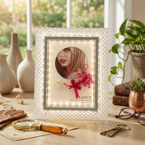 Image of LED Photo Frame with Built-in Warm White Light - Crystal Acrylic Glowing Picture Frame for 4x6 Inch Photos, USB Powered Elegant Desktop Decor for Home, Office, and Gifting
