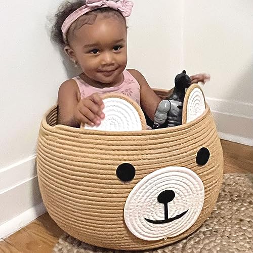 Image of CherryNow Baby Basket for Newborn, Empty Baskets for Gift, Medium Animal Basket for Toy Clothes Towel, Woven Rope Bear Baskets for Kids, Brown, 15.7 inchD x 10.5 inchH