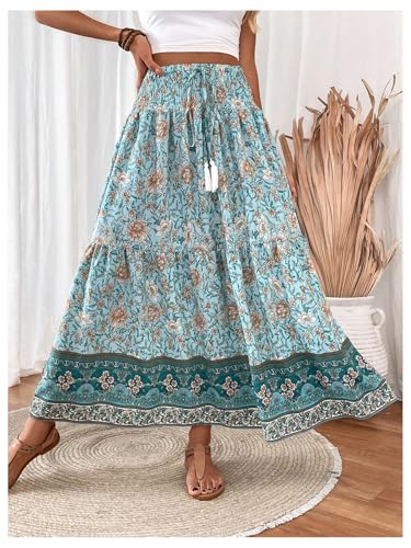 Verdusa Women's Floral High Waisted Ruffle Long Skirt Boho Drawstring Tiered Flowy Maxi Skirts3