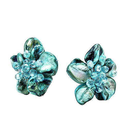 Aeravida Natural Floral Beauty Blue Mother Of Pearl Clip On Earrings | Non-Piercing Floral Handmade Earrings For Women | Summer Beach Accessories #TOP1