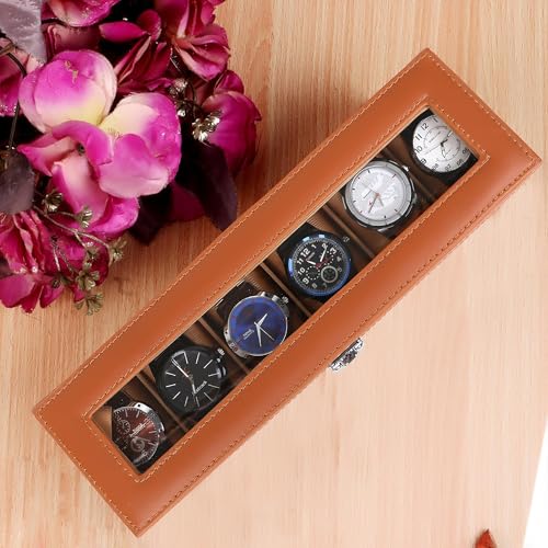 Image of LEDO Watch Box Organizer, 6 Slot Storage Case with Clear Transparent Top, Tan PU Leather with Cream Velvet Interior, Metal Clip Lock, Rectangular